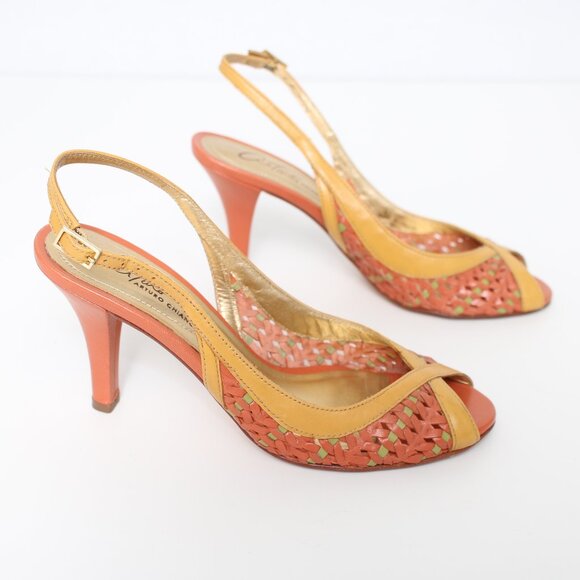 Arturo Chiang Leather Rattan Woven Sling Back Heels Sz 5.5 - Picture 3 of 6